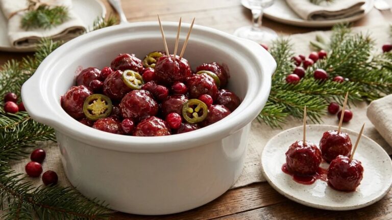 Slow cooker full of cranberry jalapeno crockpot party meatballs with toothpicks on a holiday table