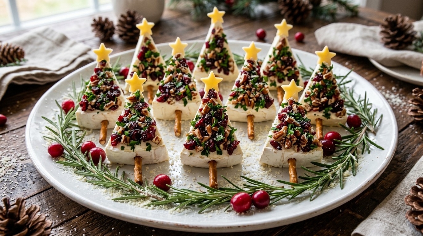 Christmas tree appetizers made of brie triangles with cranberries and pecans on pretzel trunks