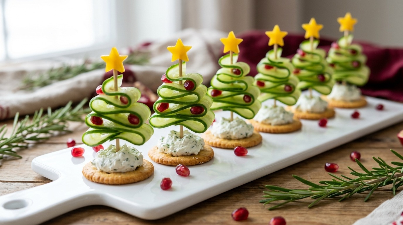 Christmas tree appetizers of cucumber ribbons on crackers with cream cheese