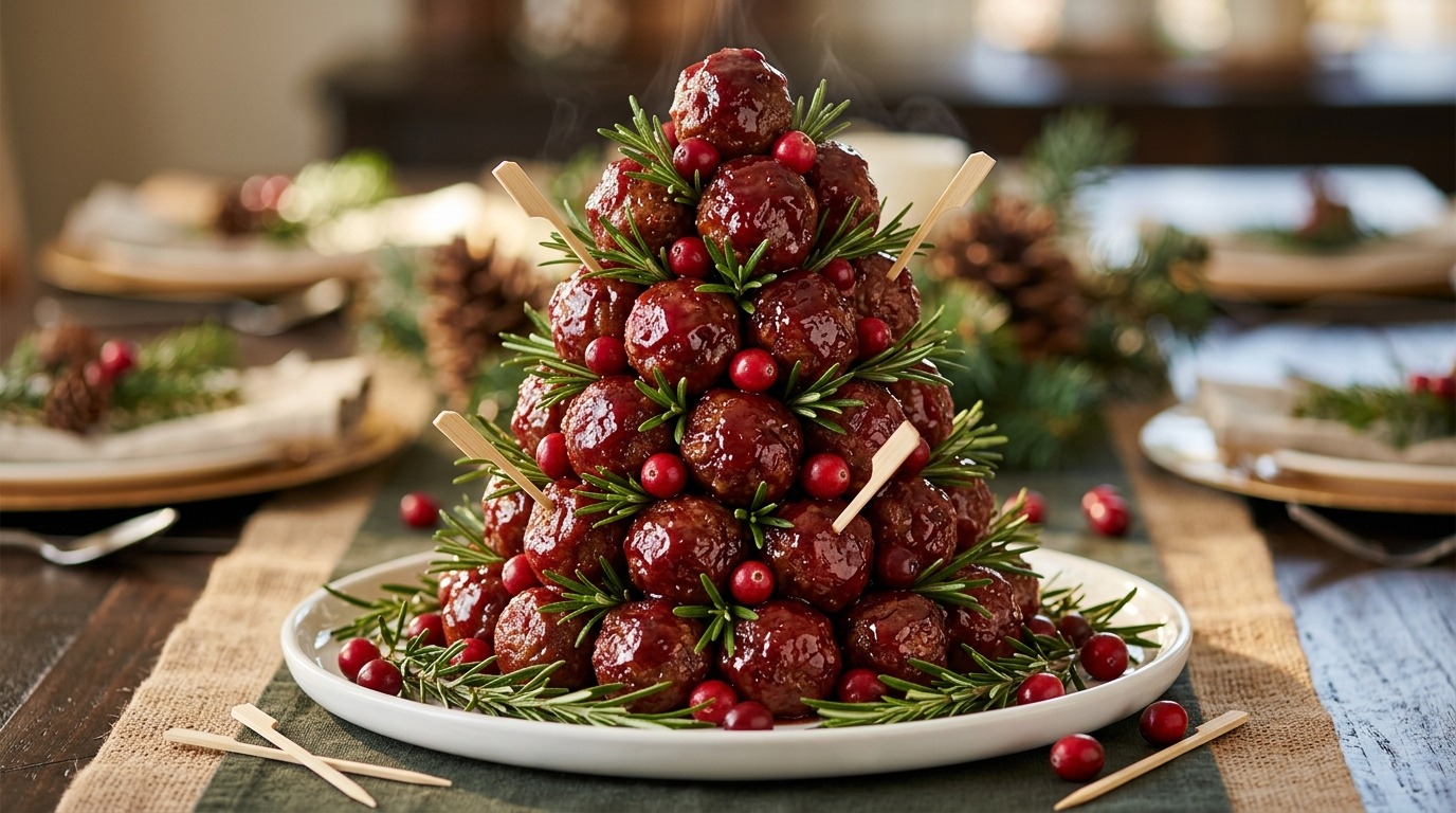 Christmas tree appetizers of cranberry glazed meatballs stacked with rosemary