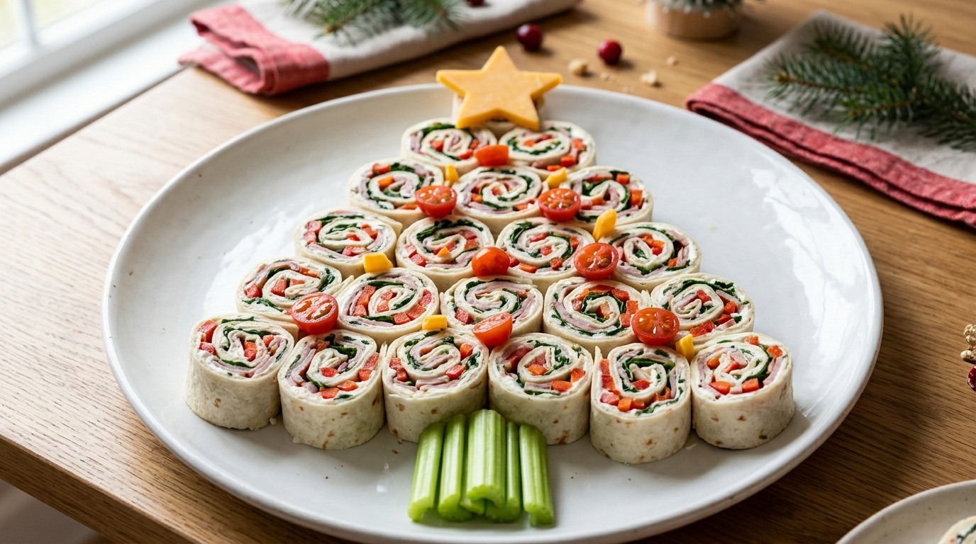 Tortilla pinwheels arranged in a Christmas tree shape on a white platter