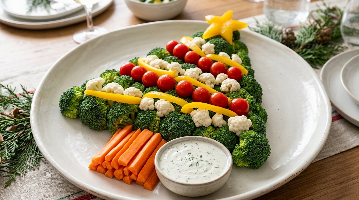 Broccoli and vegetable Christmas tree platter with ranch dip