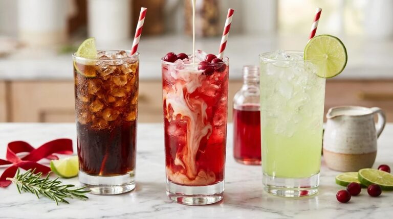 Three dirty soda drinks with cream, lime and cranberries