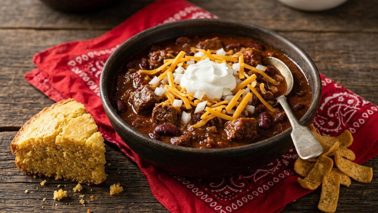 Bowl of beef chili with cheese, sour cream and cornbread, one of the cozy retro Disney recipes