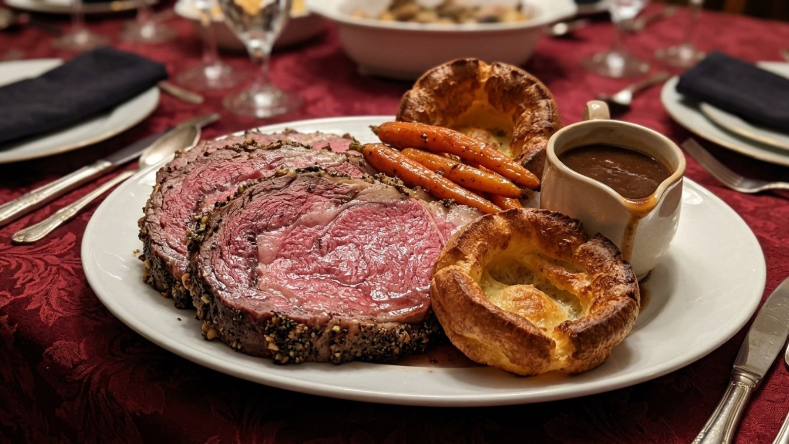 Sliced prime rib with Yorkshire pudding and gravy, a royal feast from retro Disney recipes