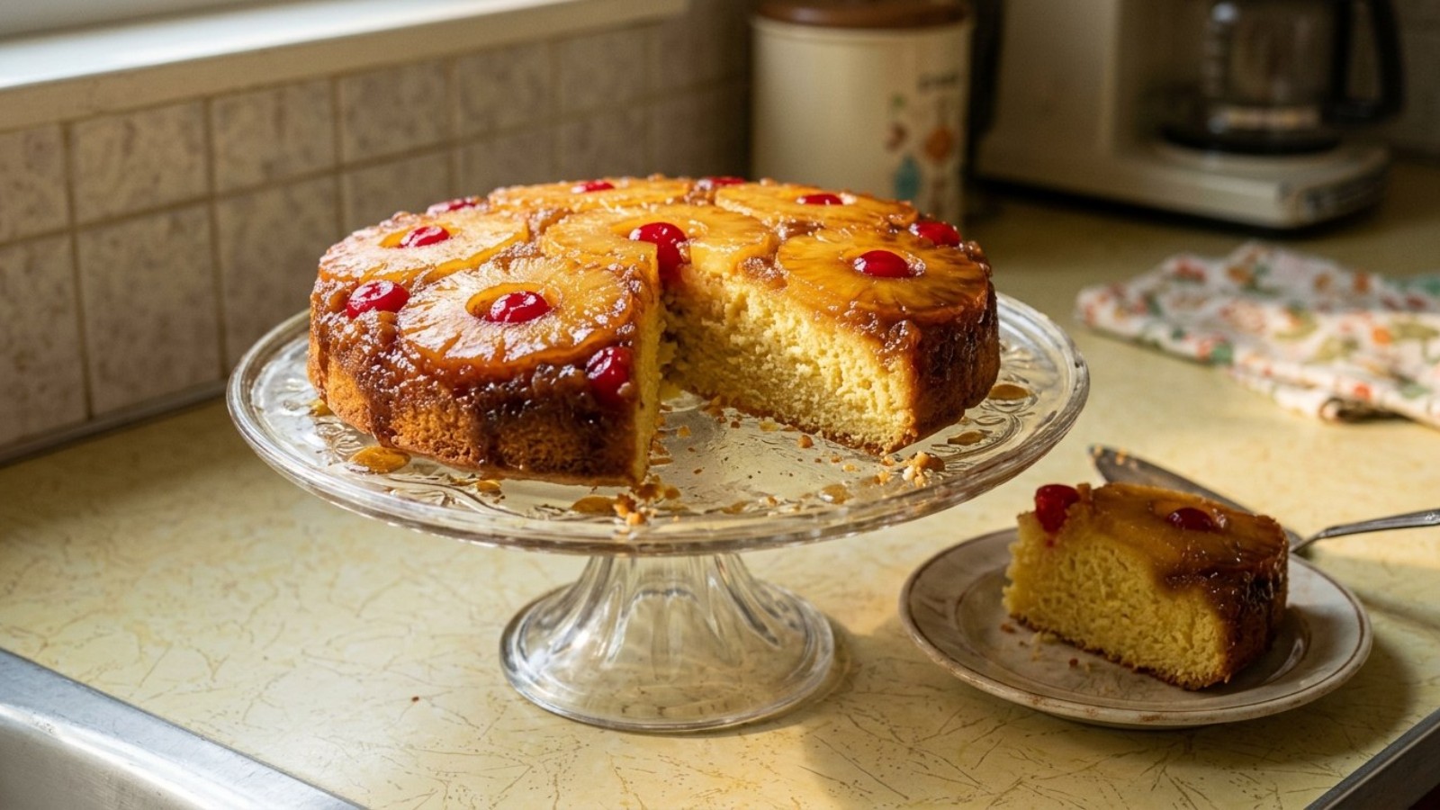 Pineapple upside-down cake with cherries on a vintage glass cake stand
