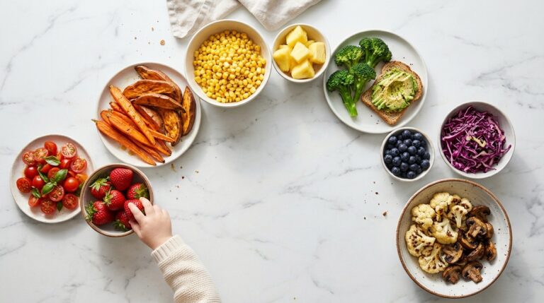 Colorful family food arranged in a rainbow arc