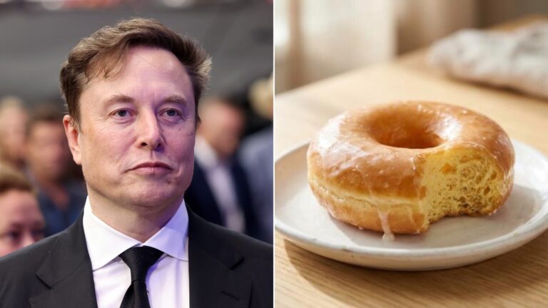 Elon Musk next to a glazed donut on a plate