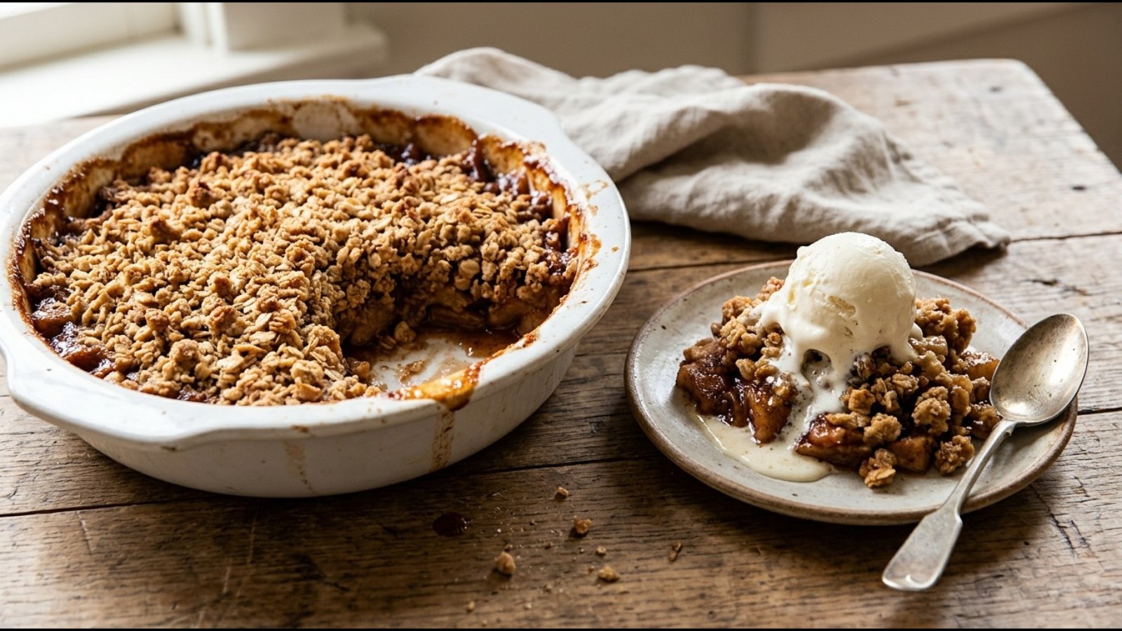 Baked apple crisp with oat topping and vanilla ice cream, from Emeril Lagasse recipes
