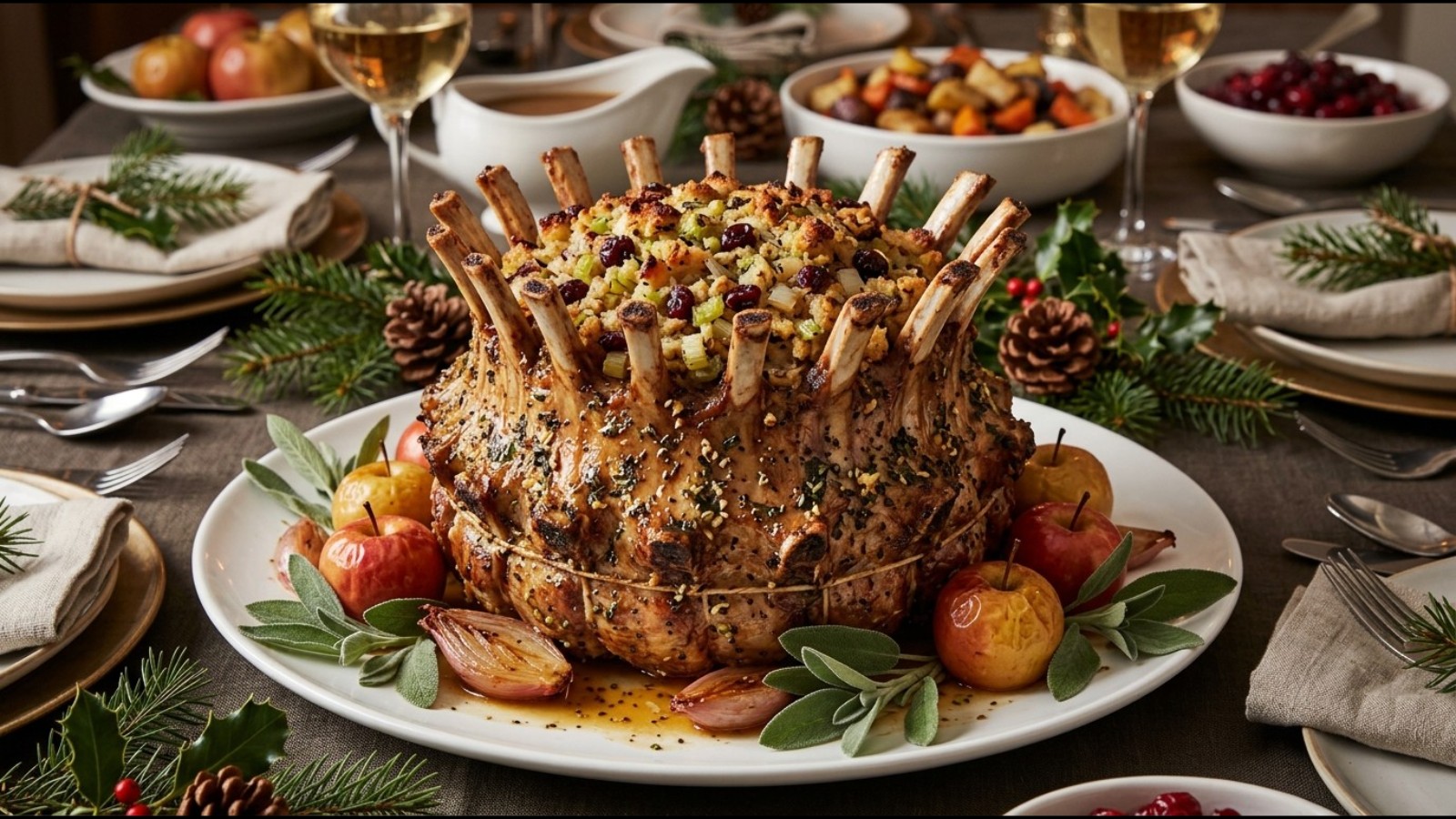 Crown roast of pork with stuffing for a holiday dinner, one of the festive Emeril Lagasse recipes