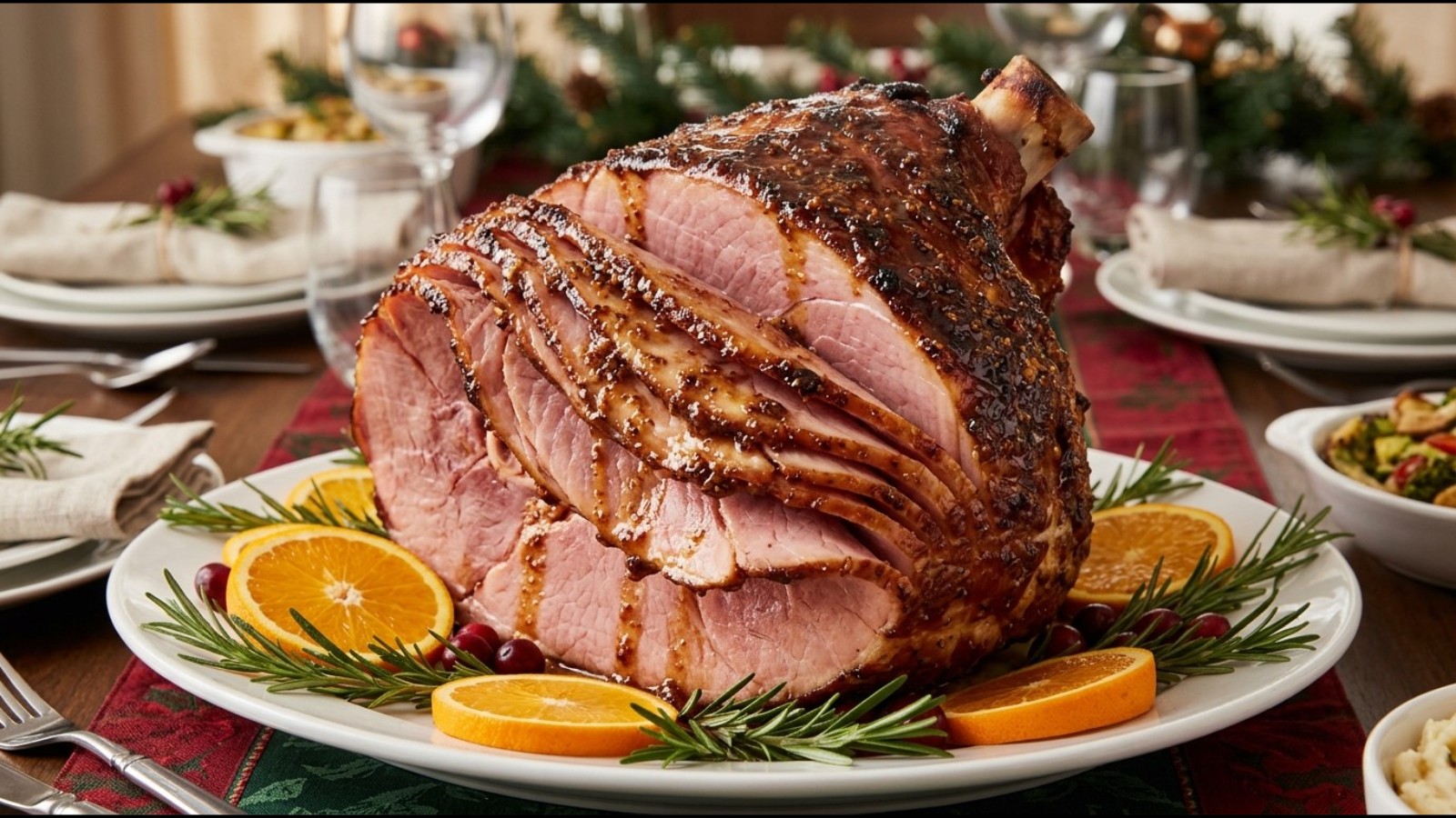 Spiral sliced holiday ham with a shiny brown sugar glaze