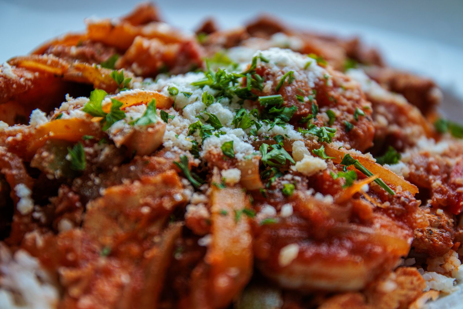 Saucy Creole-style shrimp and sausage dish in a pan