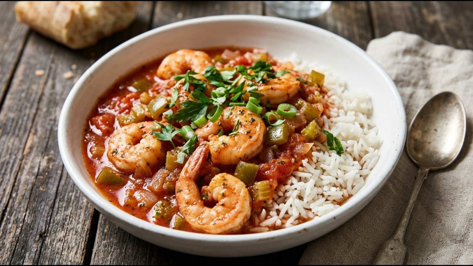 Shrimp Creole in red tomato sauce over white rice