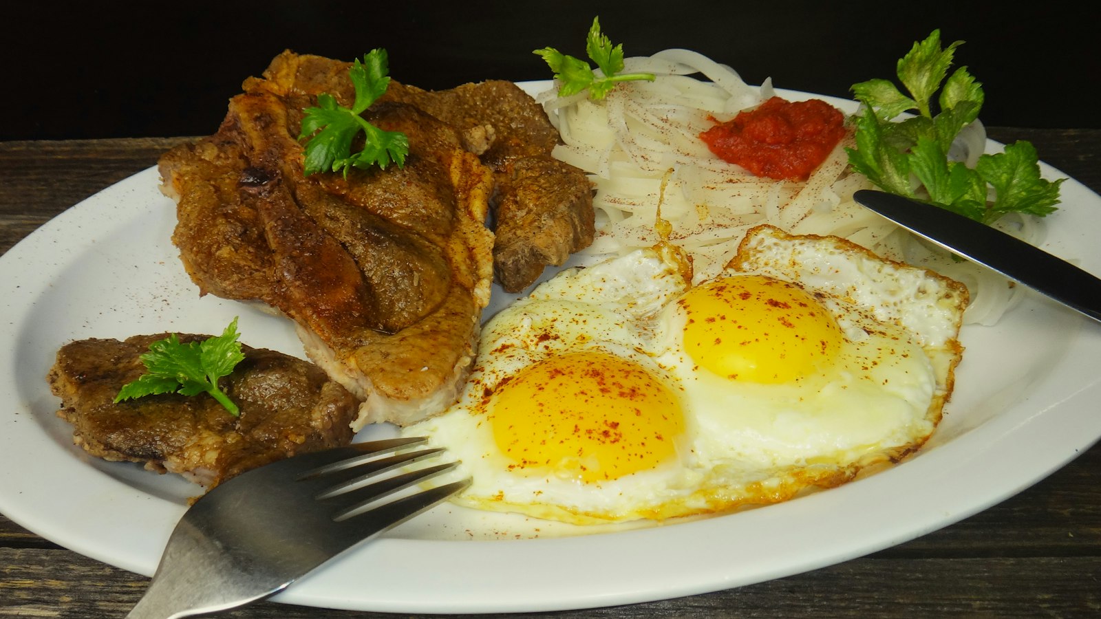 Steak and eggs with potatoes for breakfast