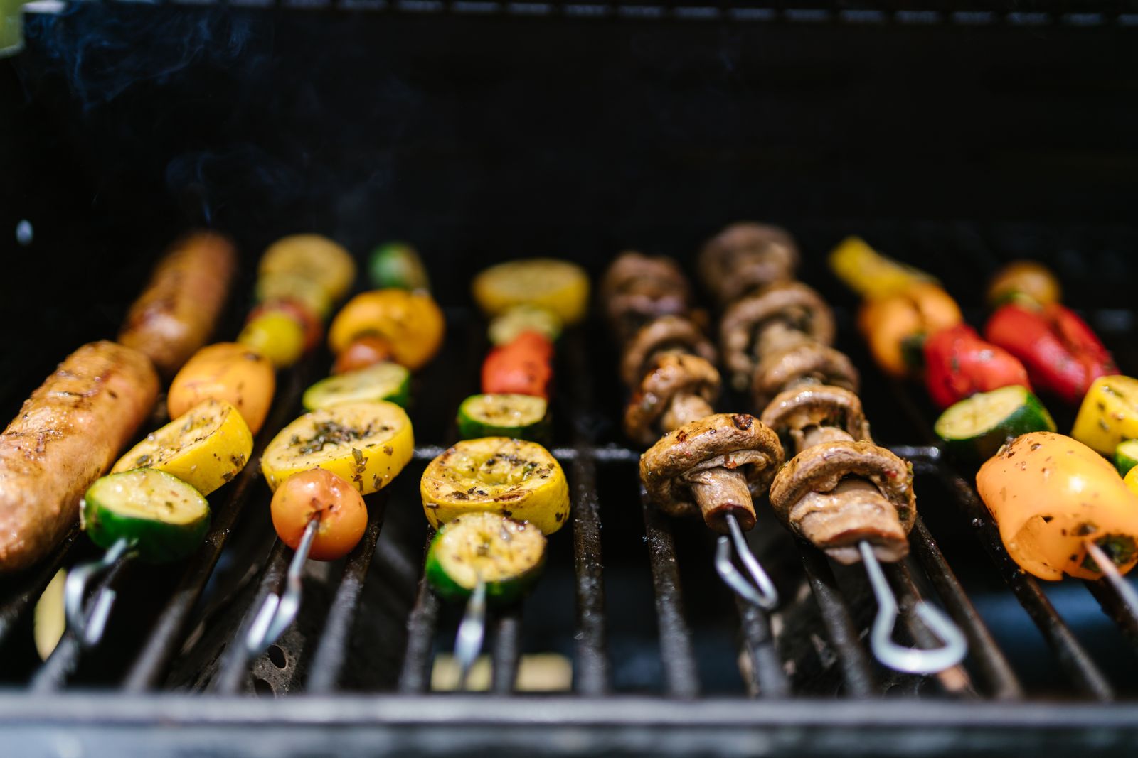 Beef and vegetable skewers on the grill