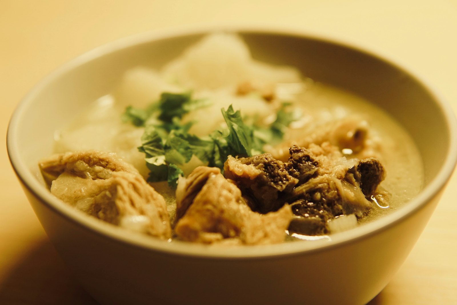 Hearty beef and vegetable soup in a bowl