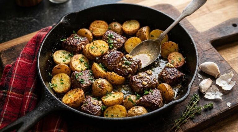 Steak and potato dinners: garlic butter steak bites and potatoes in a cast iron skillet