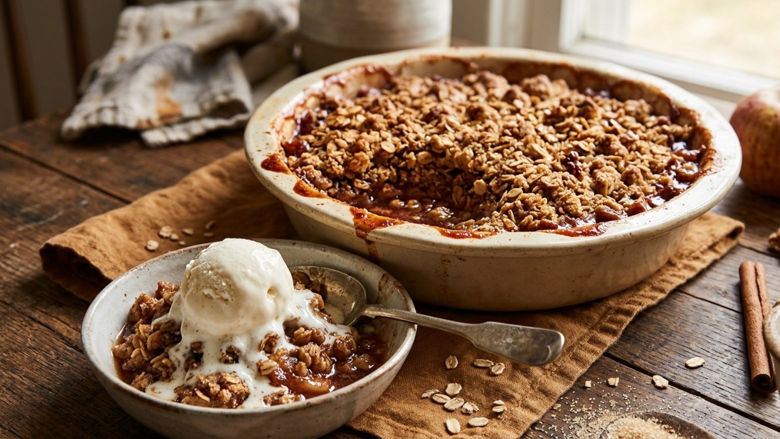 Warm apple crisp with oat topping and vanilla ice cream