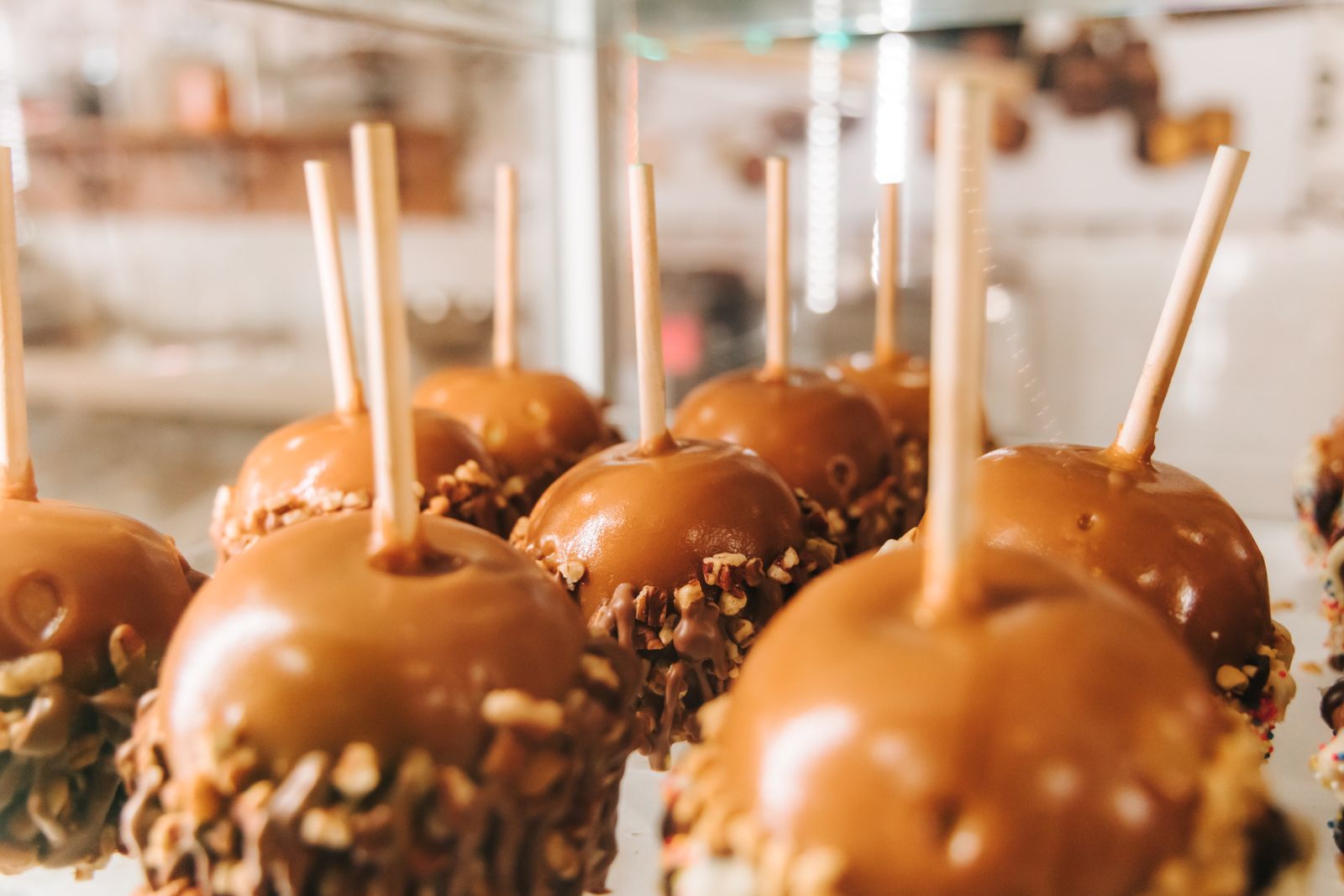 Caramel apples on sticks rolled in chopped nuts
