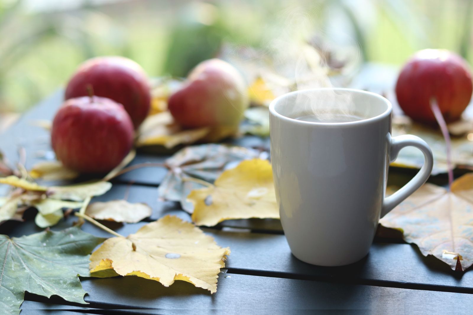 White mug of hot apple cider surrounded by apples and fall leaves