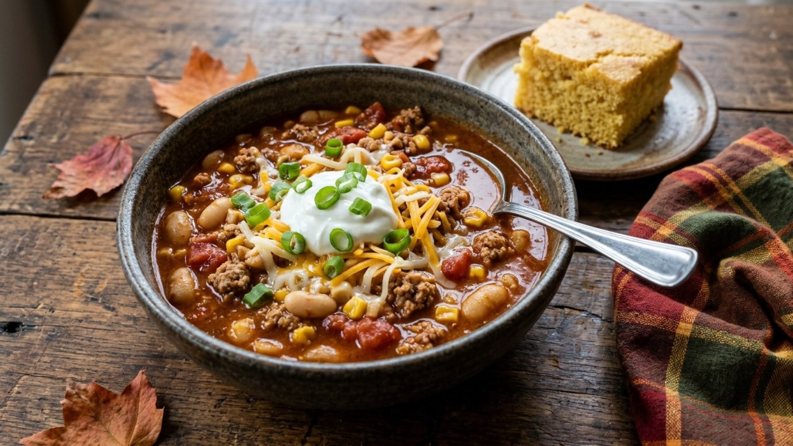 Bowl of turkey chili with white beans, cheese and cornbread, hearty Gilmore Girls recipes for a town meeting