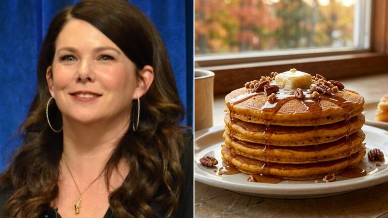 Lauren Graham smiling next to a stack of pumpkin pancakes and coffee, cozy Gilmore Girls recipes
