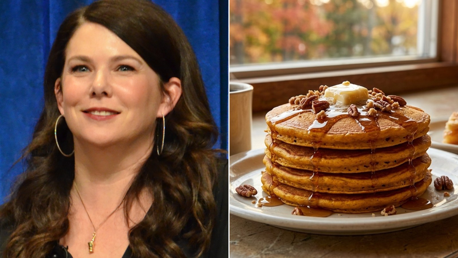 Lauren Graham smiling next to a stack of pumpkin pancakes and coffee, cozy Gilmore Girls recipes