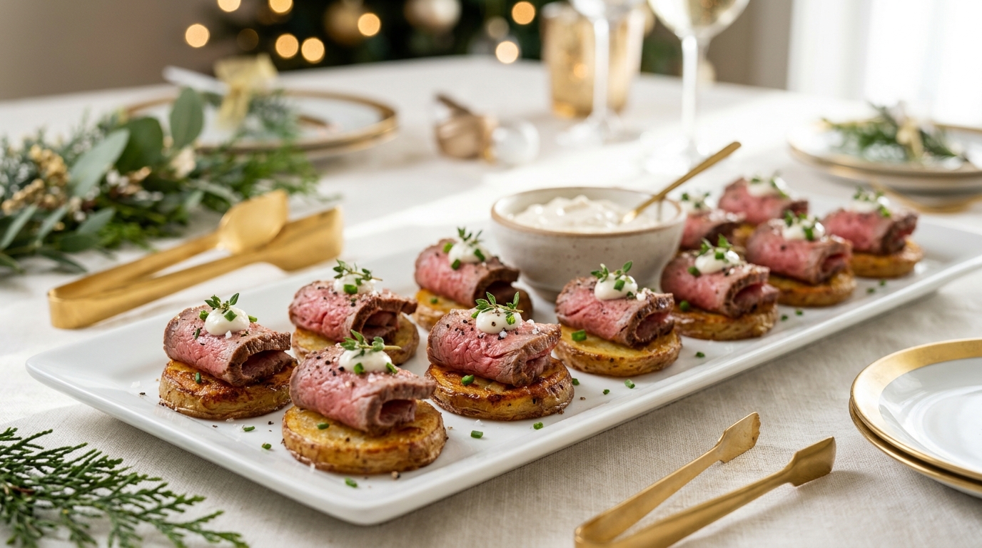 Gourmet party bites of beef tenderloin on crispy potato rounds