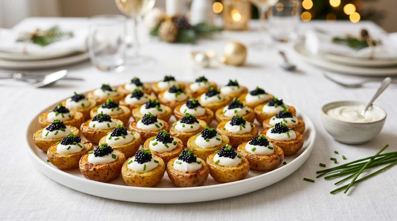 Crispy potato party bites with sour cream and black caviar