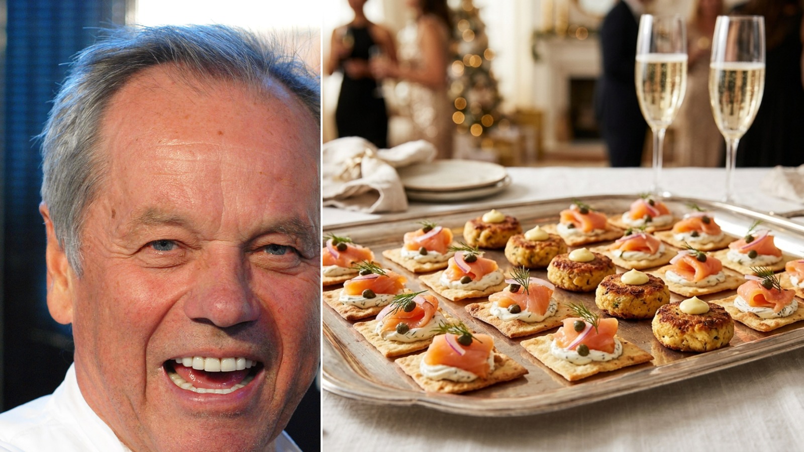 Wolfgang Puck beside a tray of gourmet party bites with smoked salmon flatbread squares and mini crab cakes