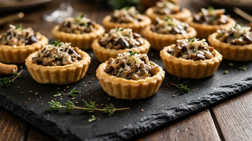 Mushroom tartlet party bites on a slate board
