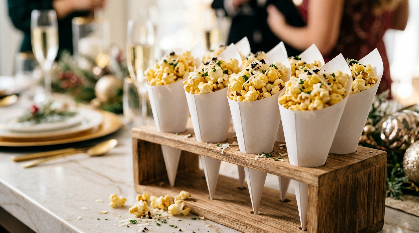 Truffle popcorn in paper cones on a party table