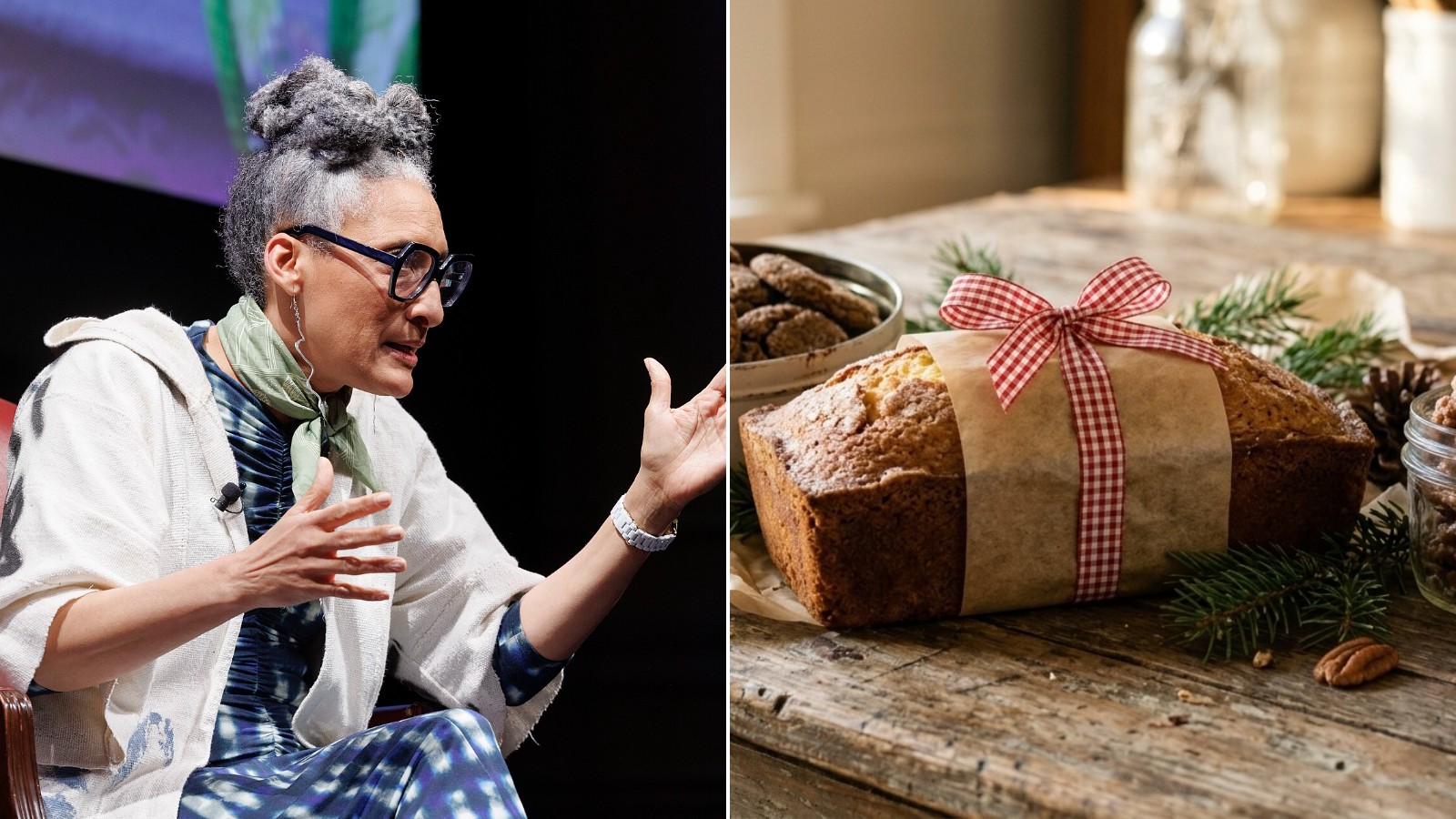 Carla Hall speaking on stage next to a wrapped pound cake and cookies, homemade holiday baking gifts