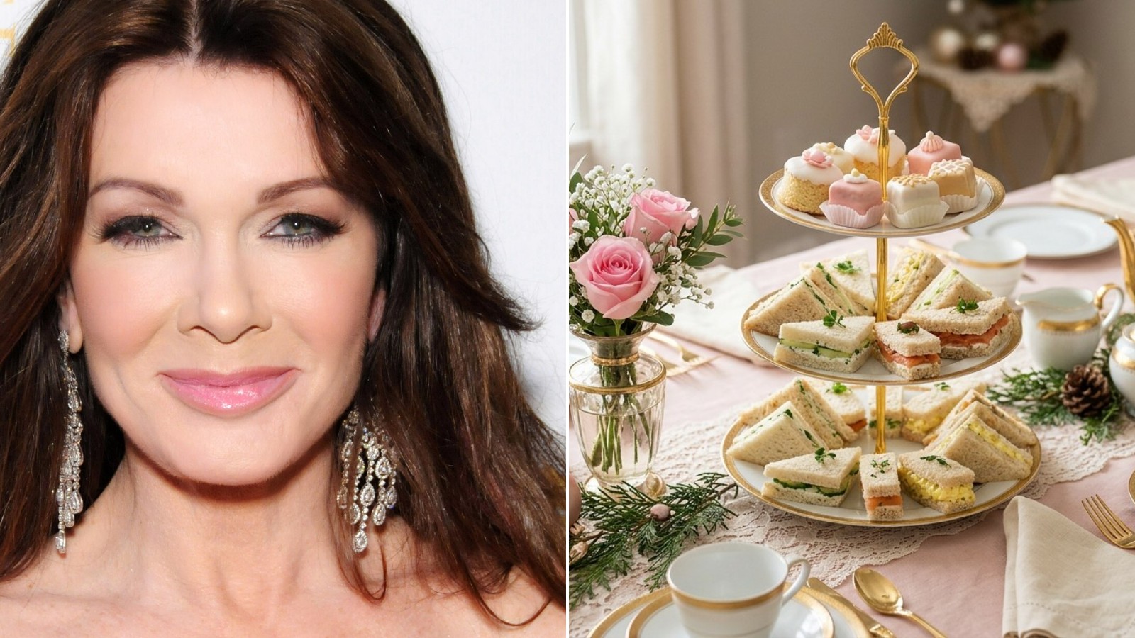 Lisa Vanderpump smiling next to a tiered stand of tea sandwiches and cakes, elegant holiday party food