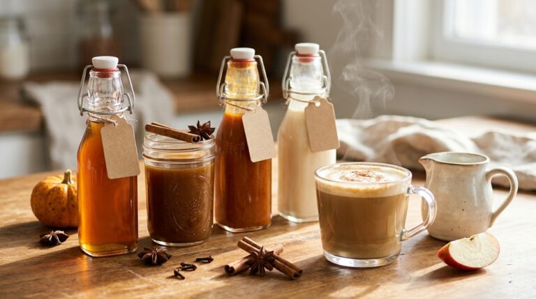 Homemade coffee syrups in glass bottles next to a latte
