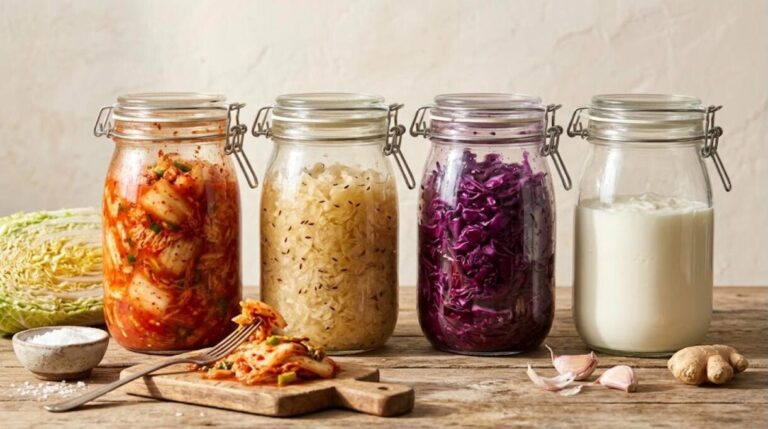 Fermented foods in glass jars: kimchi, sauerkraut, red cabbage and yogurt