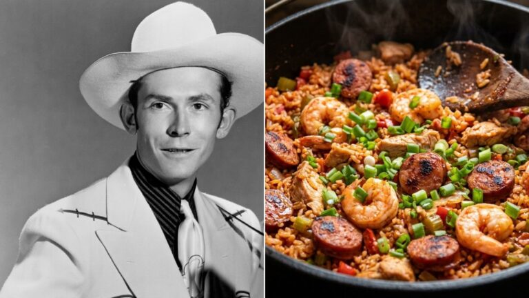 Hank Williams next to a pot of red Creole jambalaya with shrimp and sausage, the classic among jambalaya recipes