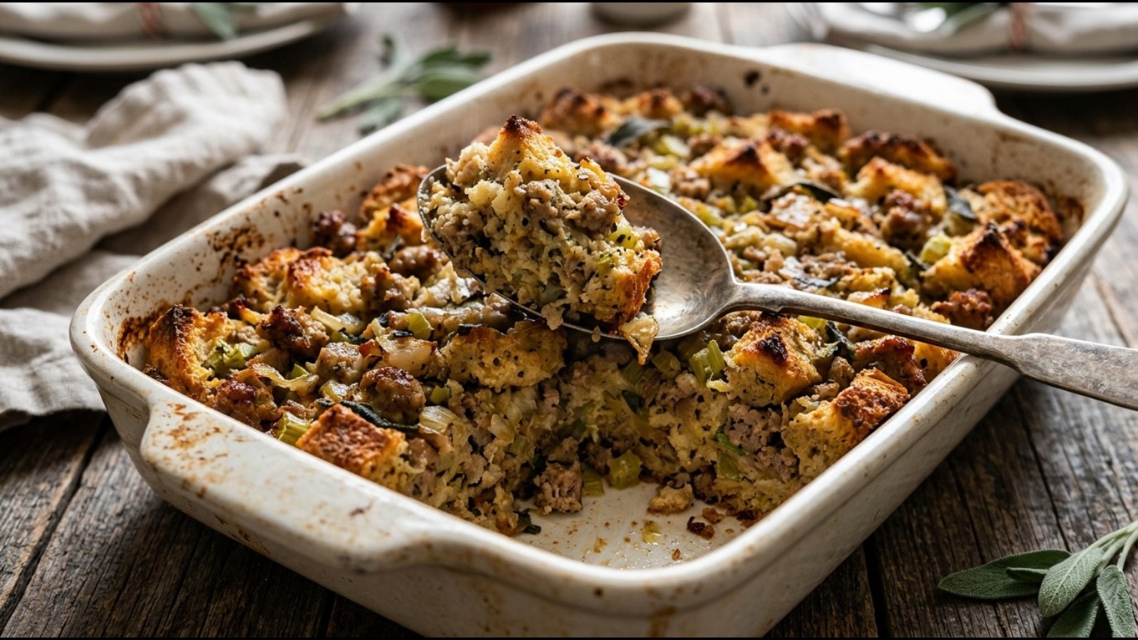 Baked herby sausage and bread stuffing in a dish