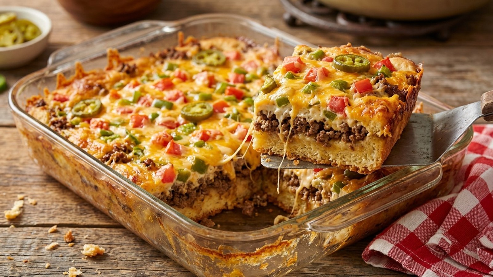Beefy John Wayne Casserole with a biscuit crust, ground beef, peppers and cheddar, lifted on a spatula