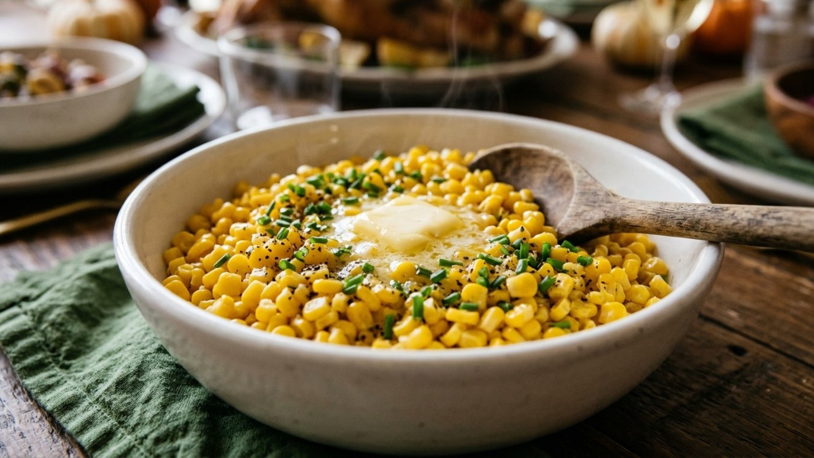 Bowl of buttered corn with chives, one of Jason Kelce Thanksgiving favorites