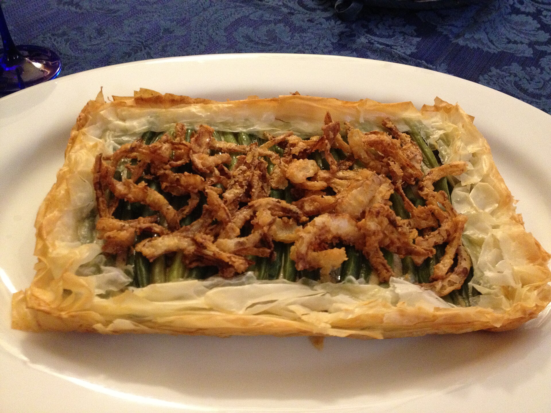 Green bean casserole with crispy fried onions, the favorite side at a Kelce Thanksgiving