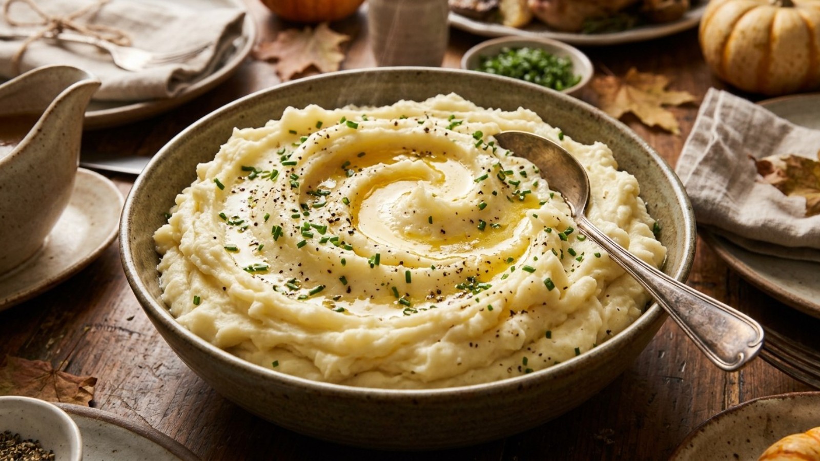 Big bowl of creamy mashed potatoes with melted butter and chives