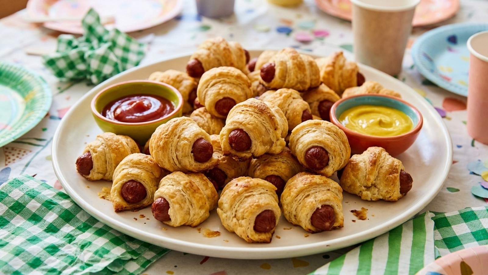 Platter of mini pigs in a blanket with ketchup and mustard for the kids table