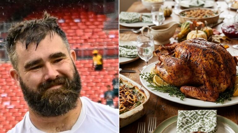 Jason Kelce next to a Cajun turkey, green bean casserole and rolls on a Kelce Thanksgiving table