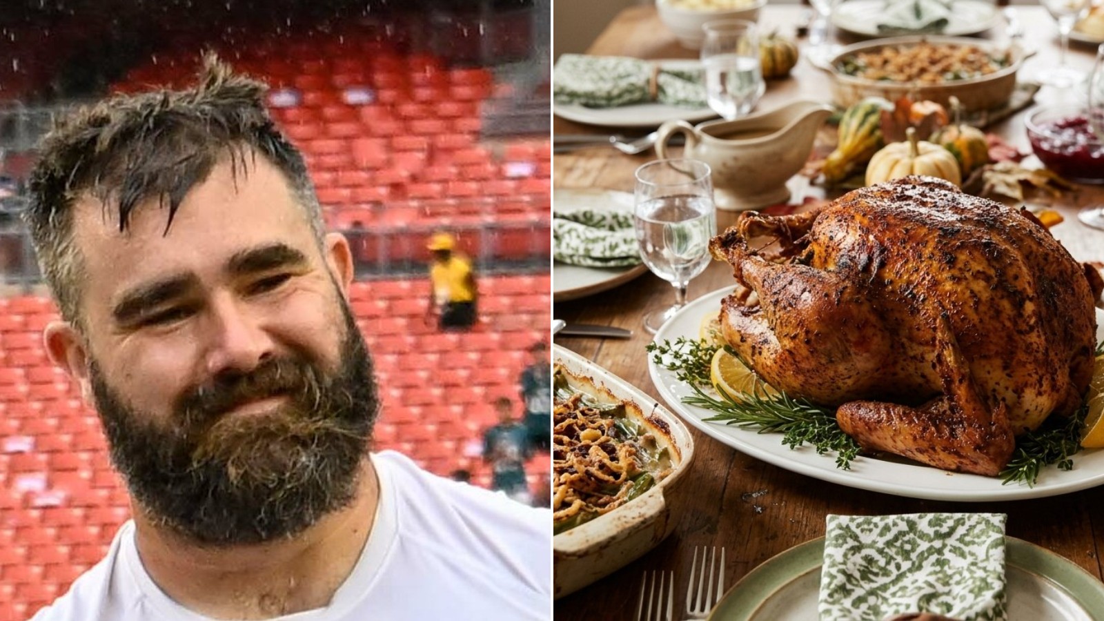 Jason Kelce next to a Cajun turkey, green bean casserole and rolls on a Kelce Thanksgiving table