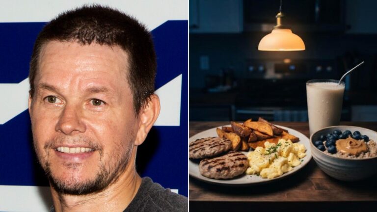 Mark Wahlberg next to an early morning breakfast of oatmeal, eggs and turkey burgers
