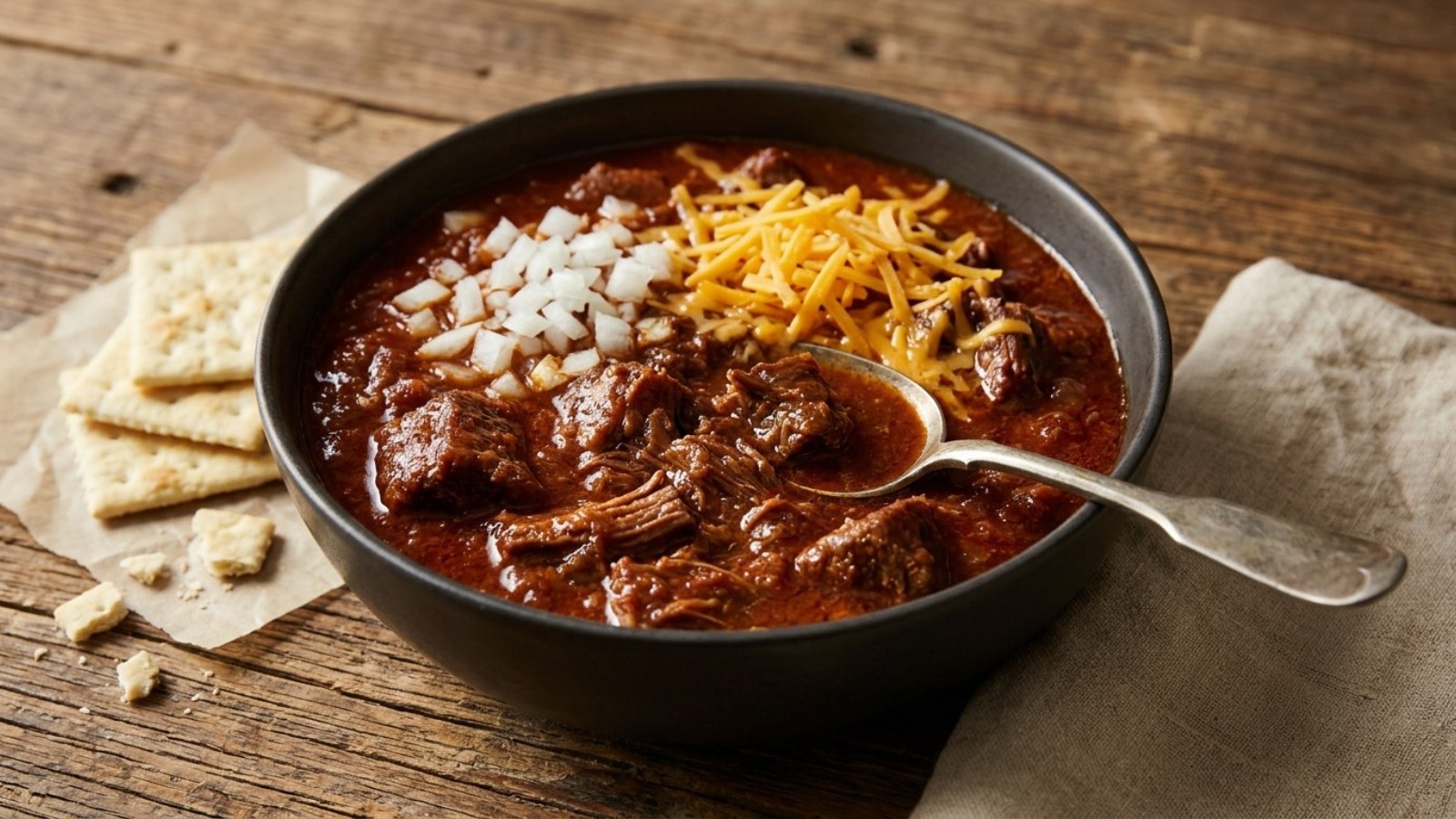 Bowl of Texas style beef chili with onion, cheese and crackers