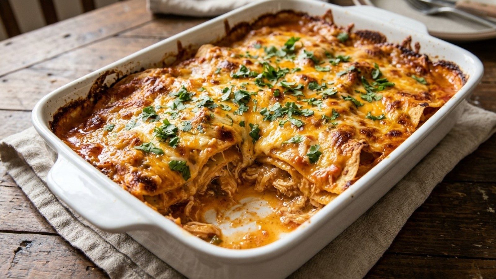 King Ranch chicken casserole with melted cheese, a favorite in Texas Thanksgiving recipes