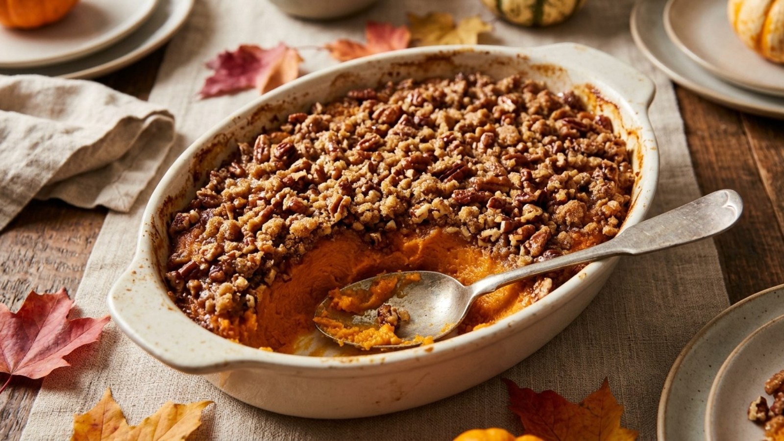 Sweet potato casserole with pecan crumble topping, one of the sweet Texas Thanksgiving recipes