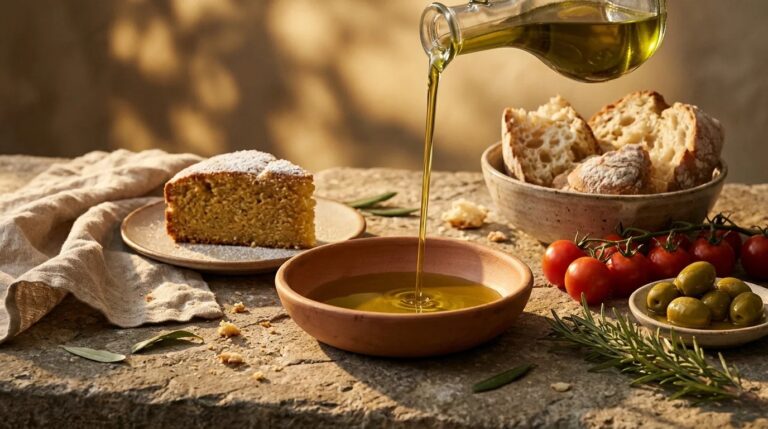 Olive oil pouring into a bowl beside olive oil cake and bread